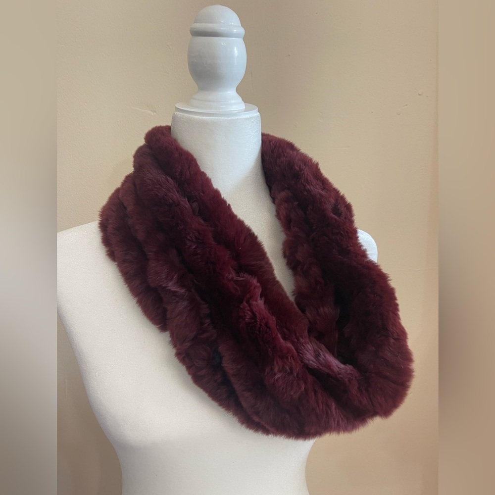 Burgundy Rabbit Fur Infinity Scarf - Picture 2 of 4